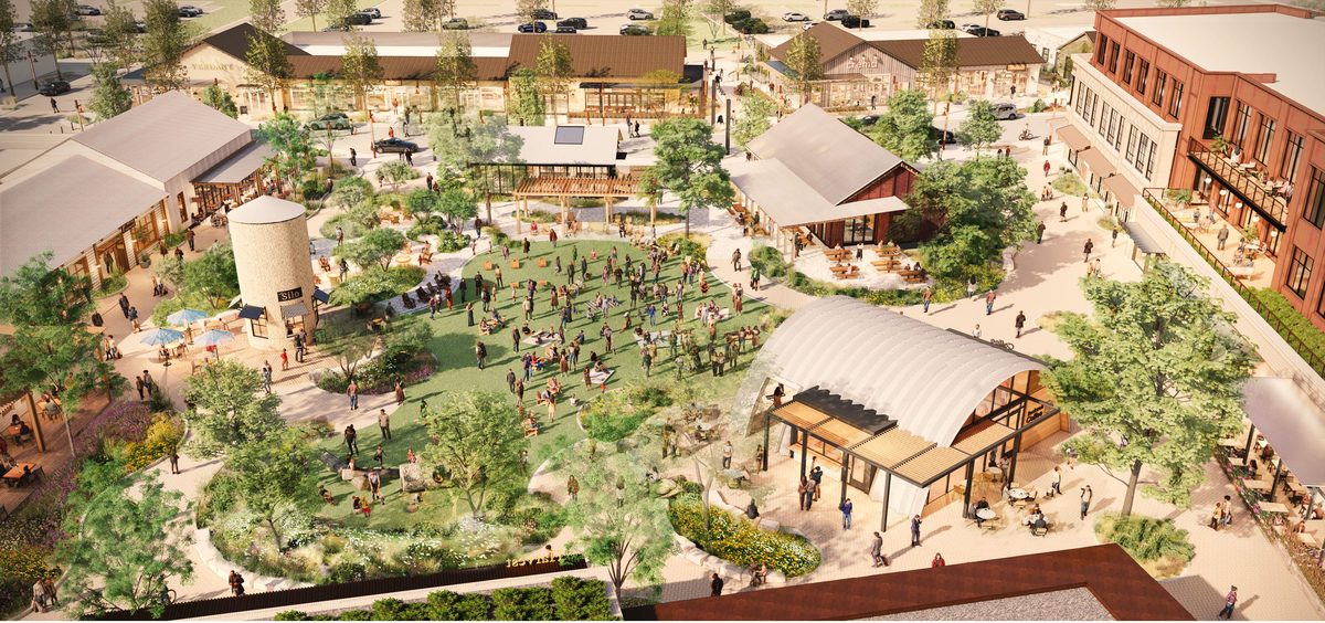 An architectural rendering of Avenue South in Loveland, Colorado, illustrates the planned mixed-use district’s central green, gathering spaces and surrounding retail development that will anchor Realberry’s $1 billion project.