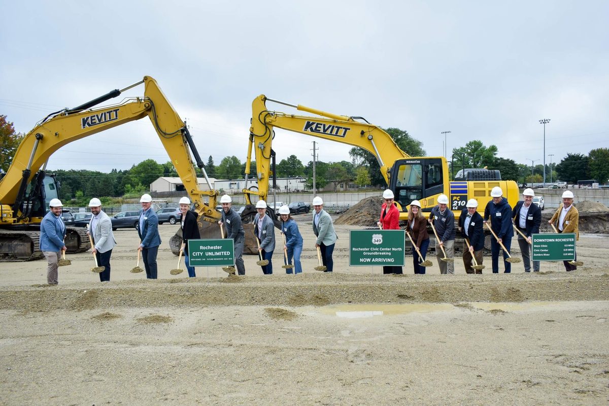 Sherman Associates, Rochester officials and project partners break ground at the Rochester Civic Center North site, marking the start of the $136.5 million, 349-unit mixed-use development in downtown Rochester.
