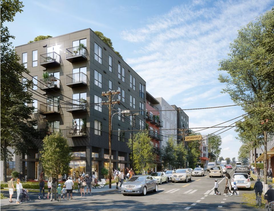 An architectural rendering of 1 Fremont in Seattle’s Fremont Village neighborhood, the 105-unit mixed-use project financed through Strathcona Capital and Belay Investment Group’s $32.7 million senior construction loan.