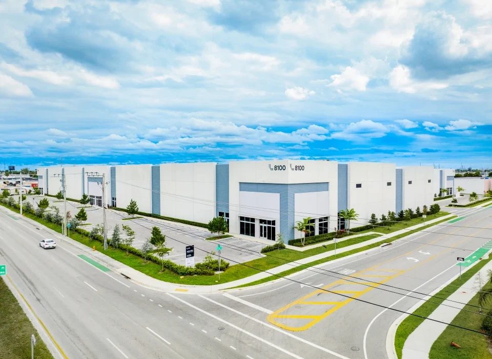Palmetto 74 Logistics Center in Medley, Florida, shown from above after Stream Realty Partners completed the 403,496-square-foot industrial park's full lease-up for Link Logistics.