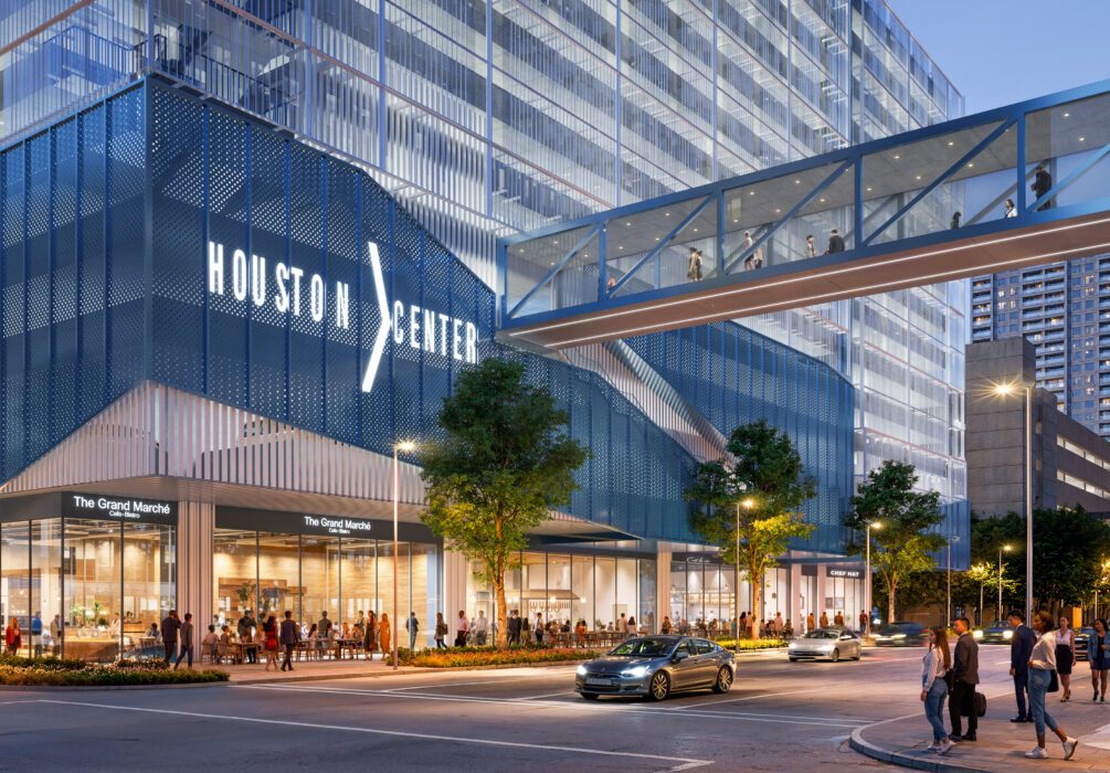 A rendering of Houston Center in Downtown Houston shows the campus and skybridge connection relevant to Stream Realty Partners' planned 2,053-space parking garage at 1215 Walker St.