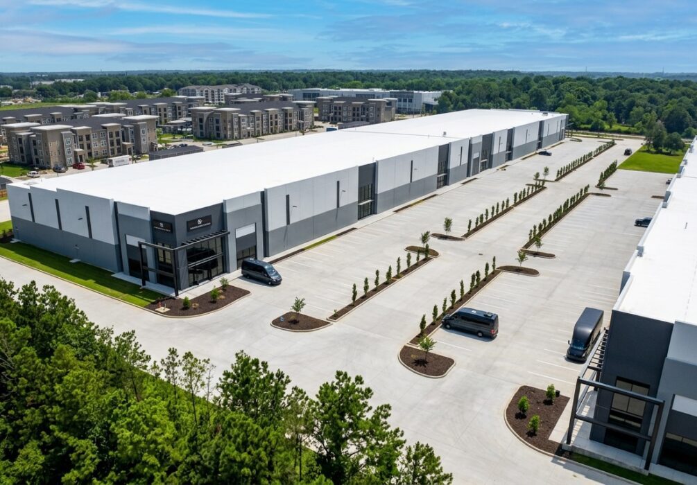 An aerial view of Summit Grove Business Park in Spring, Texas, where Stream Realty Partners secured a full-building prelease for the 90,961-square-foot Building Two.