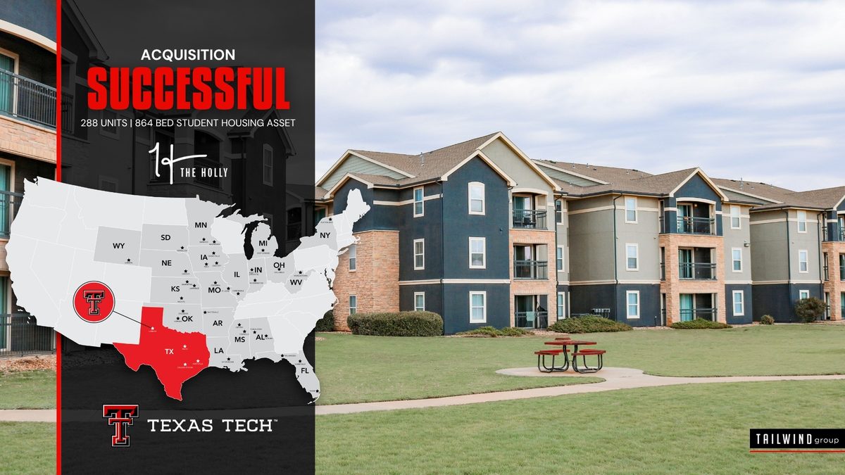 The Holly student housing community in Lubbock, Texas, is featured in Tailwind Group’s graphic announcing its acquisition of the 288-unit, 864-bed property serving Texas Tech University.