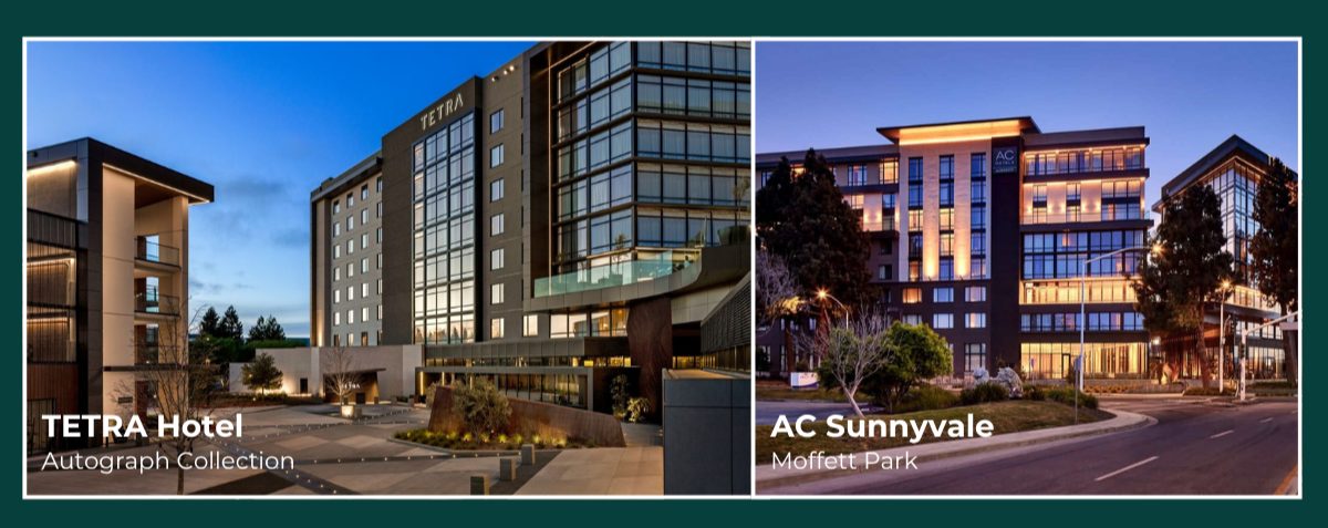 Exterior views of the TETRA Hotel, Autograph Collection, and AC Hotel by Marriott Sunnyvale Moffett Park, the 350-key dual-branded campus refinanced through Talonvest Capital’s $105 million transaction for K1 Dev and T2 Hospitality.
