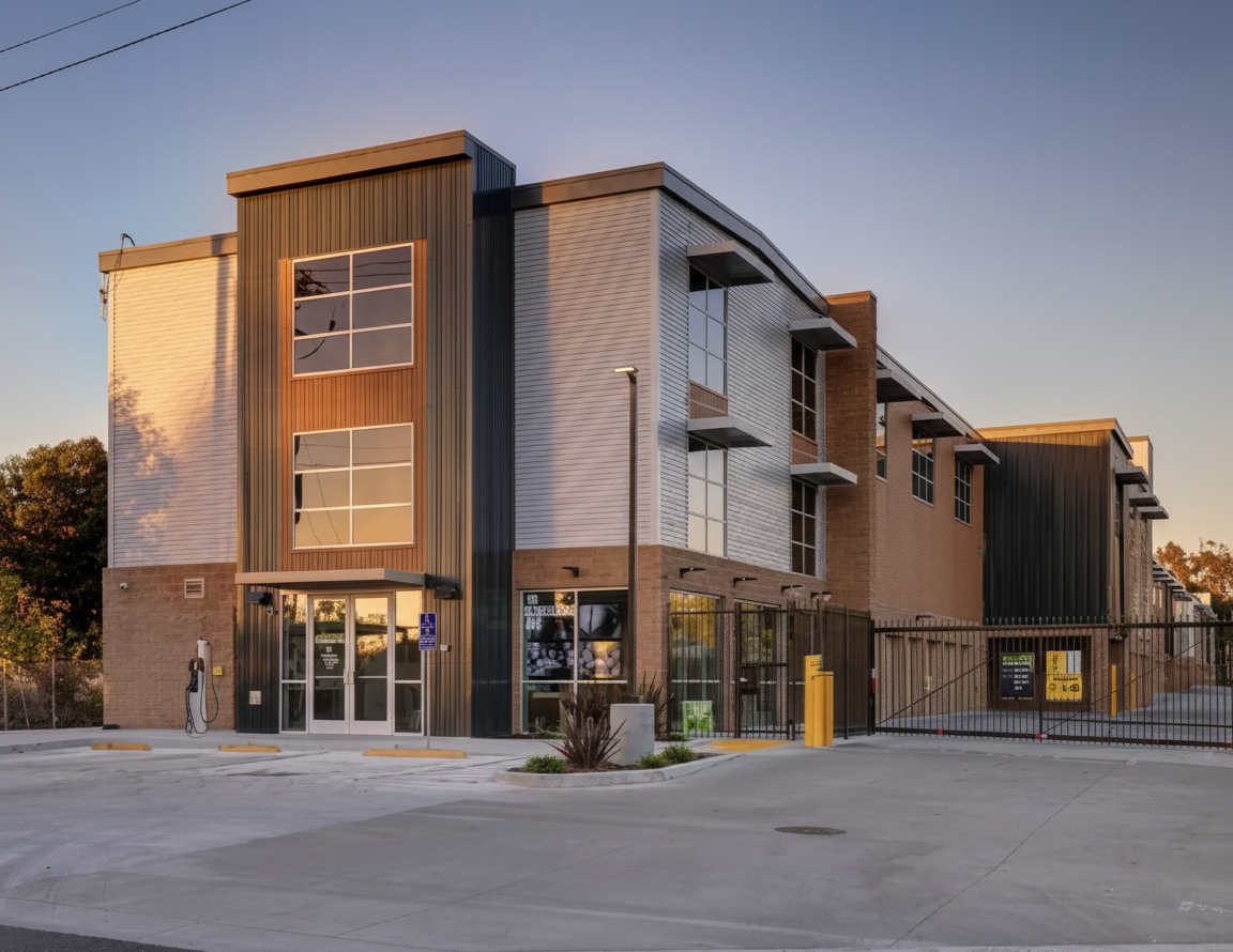 The Goleta, California climate-controlled self-storage facility owned by 1784 Holdings, shown with its leasing office and gated drive aisle, is the 95,523 net rentable square-foot asset backed by the $45 million senior bridge loan Talonvest arranged to support lease-up and future refinancing options.