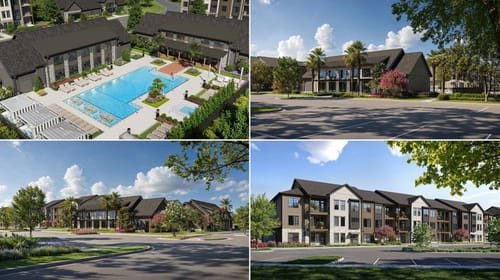 Architectural renderings show Rivet, Thompson Thrift’s planned 300-unit Class A apartment community in Chelsea, Alabama, including its residential buildings and resort-style pool amenity.