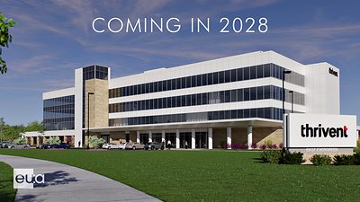 A rendering of Thrivent Financial for Lutherans' Evergreen Operations Center in Appleton, the $80 million four-story office project expected to open in 2028.
