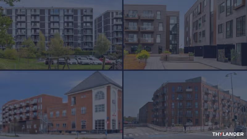 Exterior collage of the four residential assets Thylander acquired for its TGP VIII fund across Greater Copenhagen (Vallensbæk, Skovlunde, Søborg and Hvidovre), illustrating the apartment buildings that bring the vehicle to full investment.
