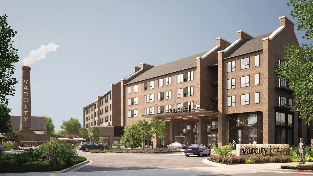 Architectural rendering of Varcity’s planned senior housing community at Purdue University in West Lafayette, Indiana, the 239-residence development scheduled for delivery in summer 2028.