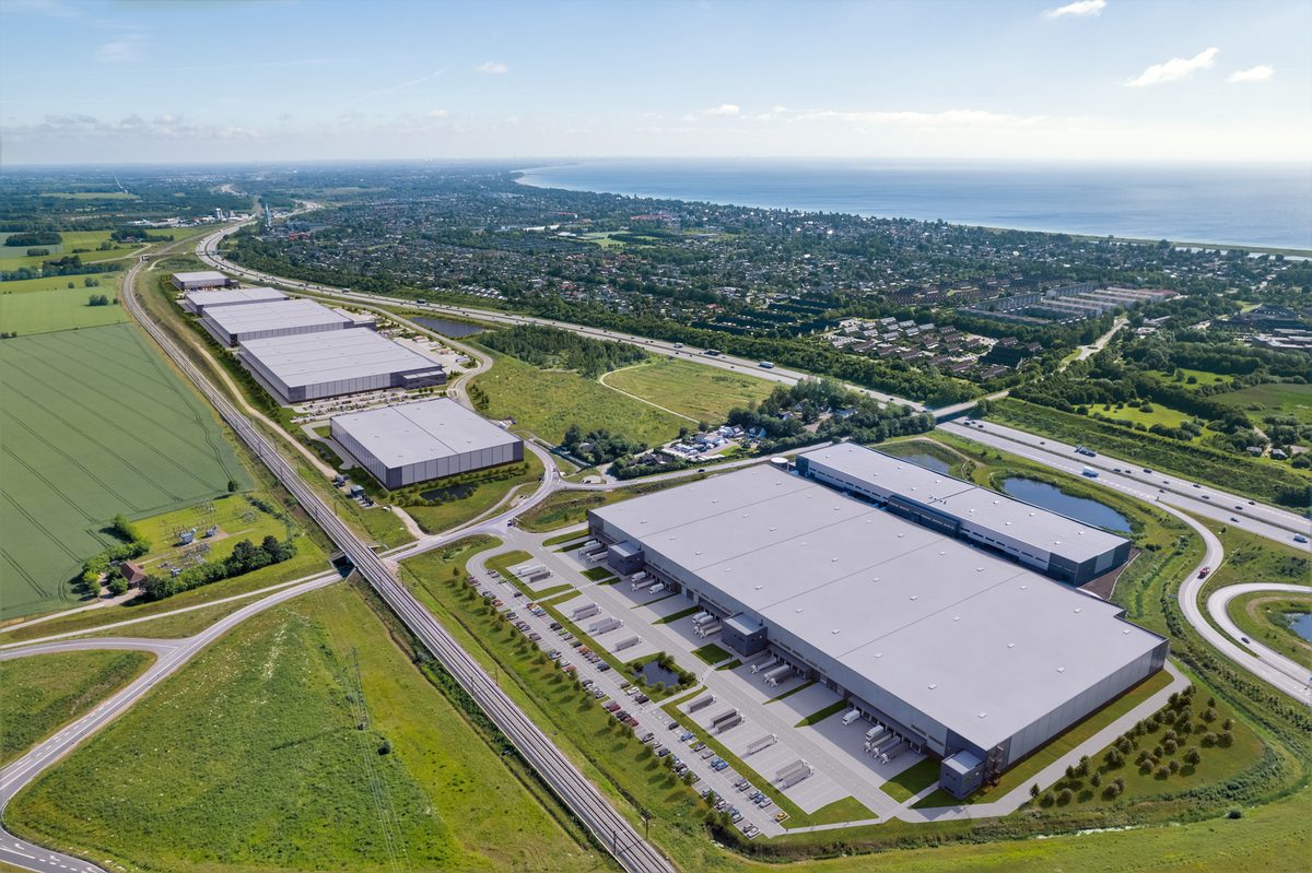 An aerial view of E20 Park Copenhagen, where Verdion and Aviva Investors have launched a second phase adding nearly 24,000 square meters of logistics space alongside the E20 motorway.