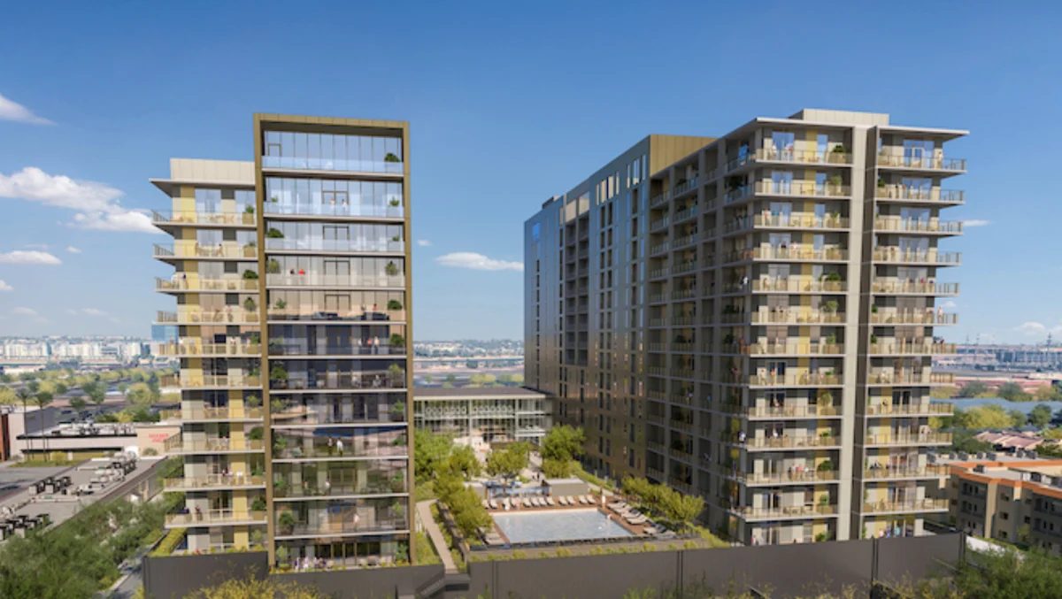 Architectural rendering of Revelry’s two-tower luxury residential community in Tempe, the $288 million project financed with $299 million arranged by WAY Capital for Aspirant Development.